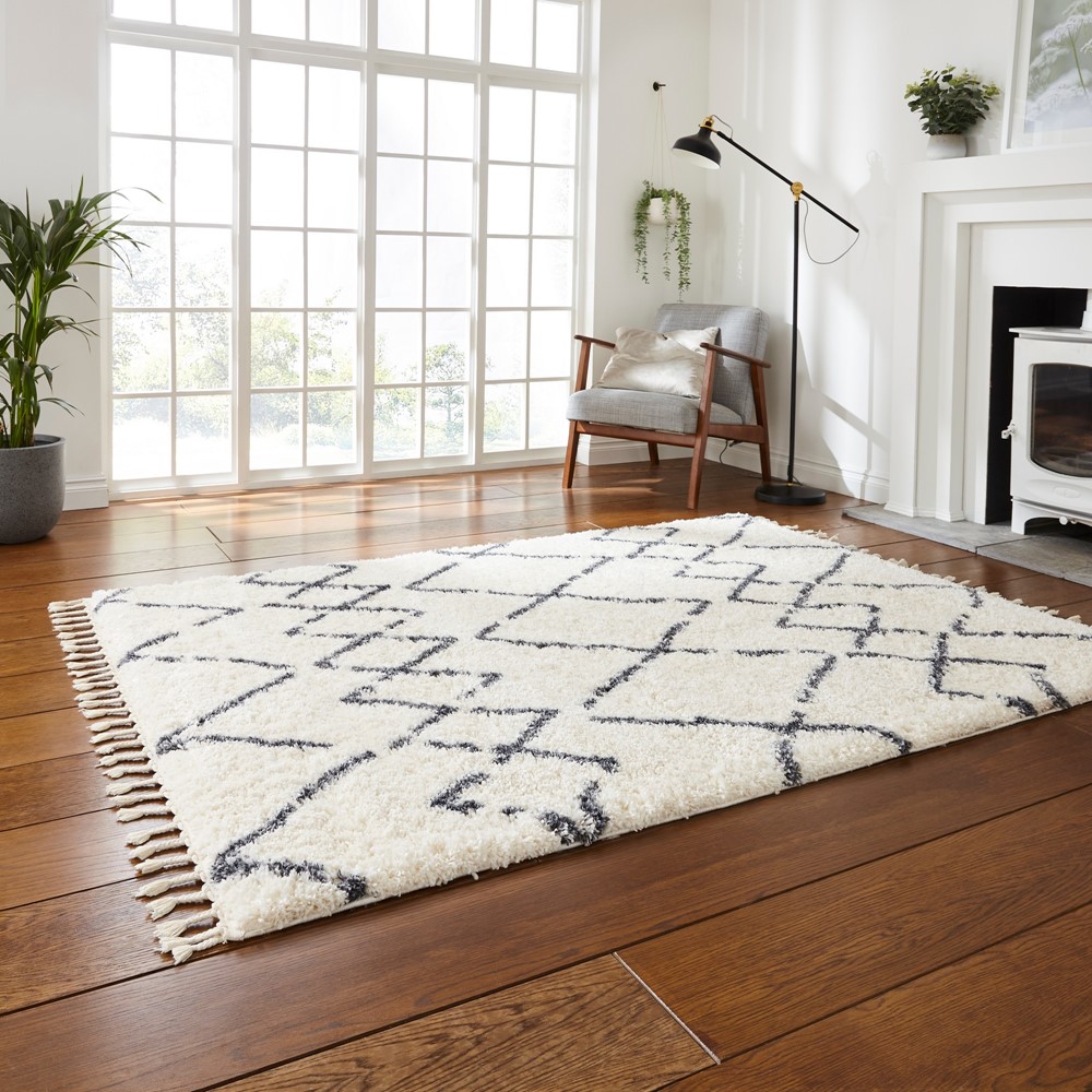 Boho Moroccan 1820 Shaggy Rugs in Ivory Grey